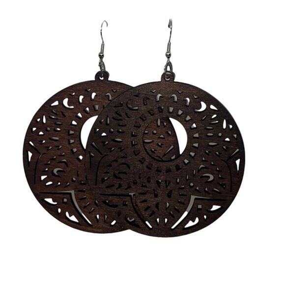 NWT Brown Wood Perforated Laser-Cut Out Dangle Circle Earrings - Picture 1 of 5